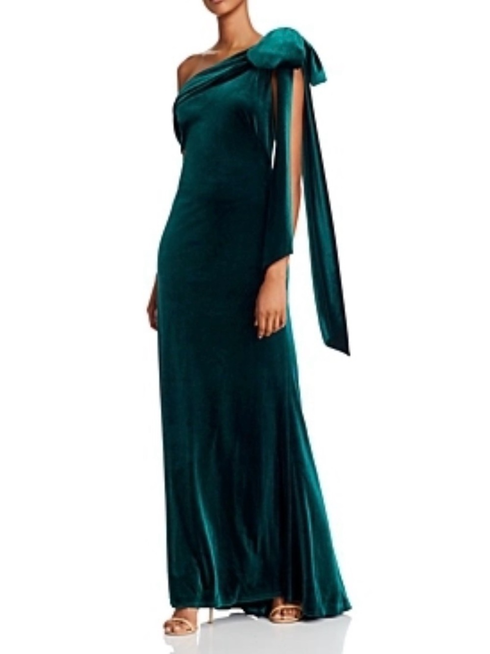 TADASHI SHOJI GREEN VELVET ONE SHOULDER WITH BOW MAXI DRESS SZ MEDIUM